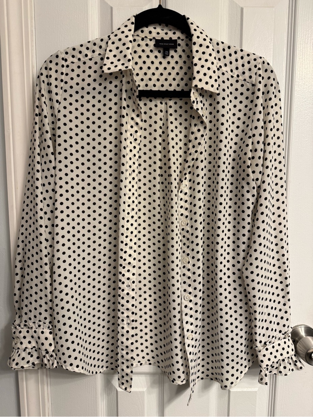 White and Black Polka Dot Button-Up Shirt for women
